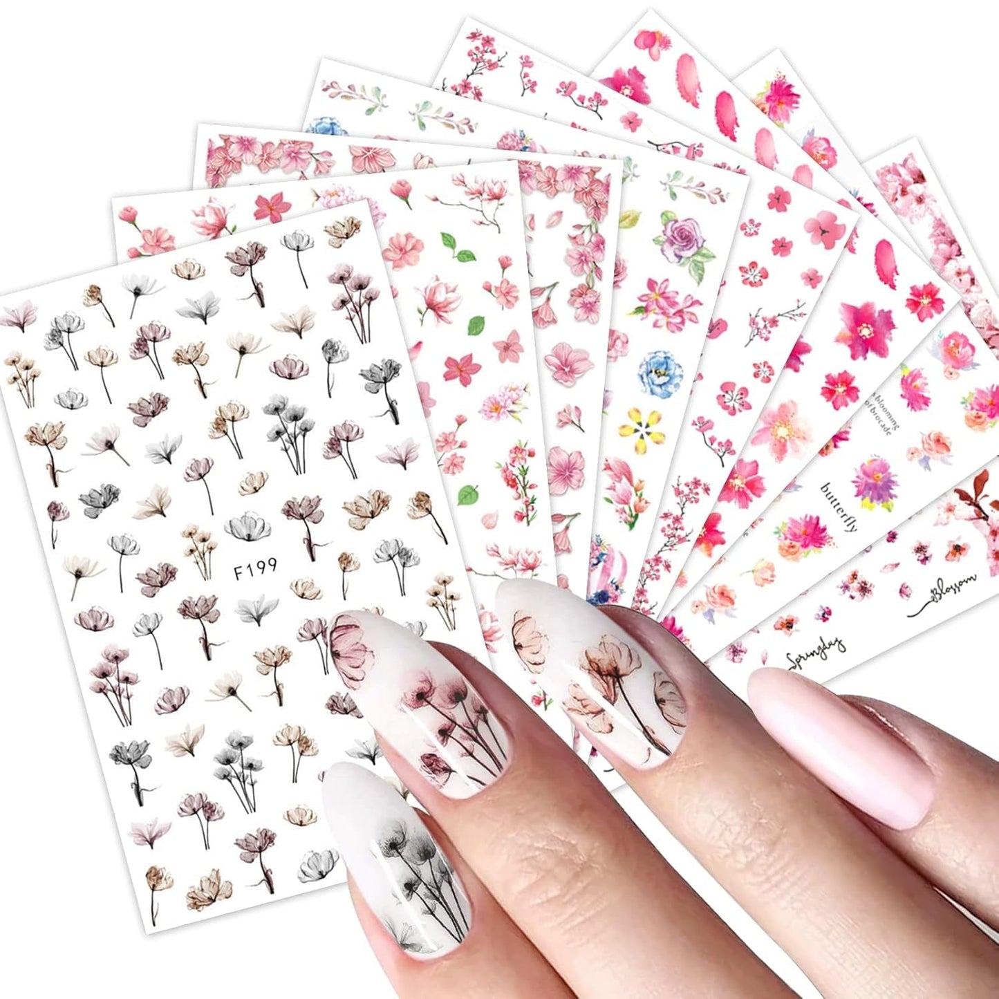 JMEOWIO Nagelsticker Frühling Blume 9 Blatt Nagelaufkleber Selbstklebend Rosa Blüte Nail Art Sticker Decoración Nageldesign Zubehör