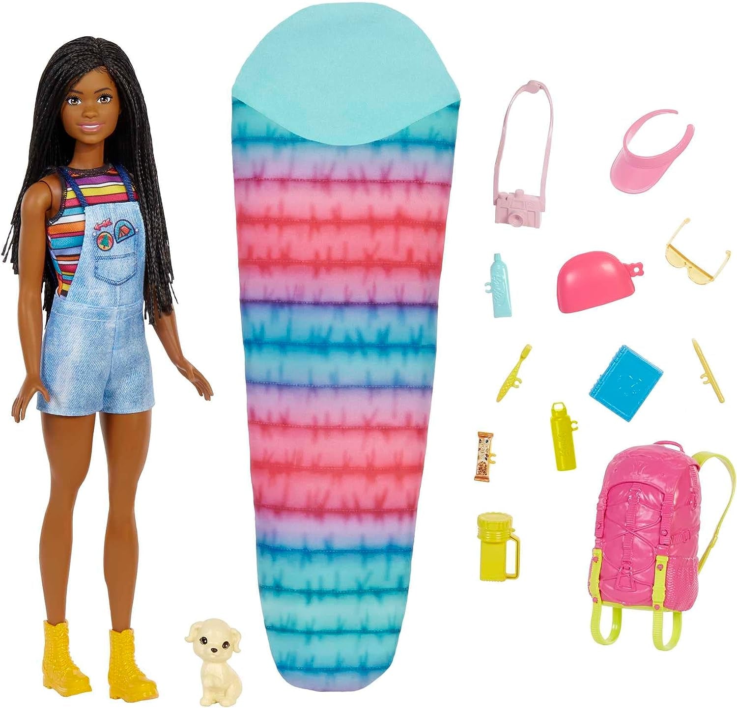 ¡Muñeca Barbie HDF74 en paquete doble! Muñeca Brooklyn Camping (Morena con coletas trenzadas, aprox. 29 cm) con cachorro, mochila, saco de dormir, 10 accesorios de camping, regalo para niños a partir de 3 años