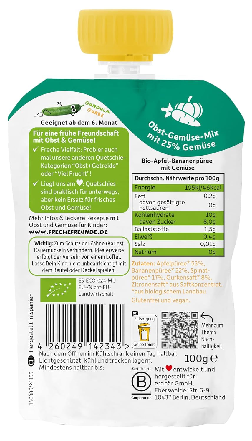 FRECHE FREUNDE Bolsita de fruta ecológica exprimible con manzanas, plátanos, espinacas y pepino, puré de frutas y verduras en bolsita exprimible para bebés a partir de 6 meses, vegano, paquete de 6 (6 x 100 g)