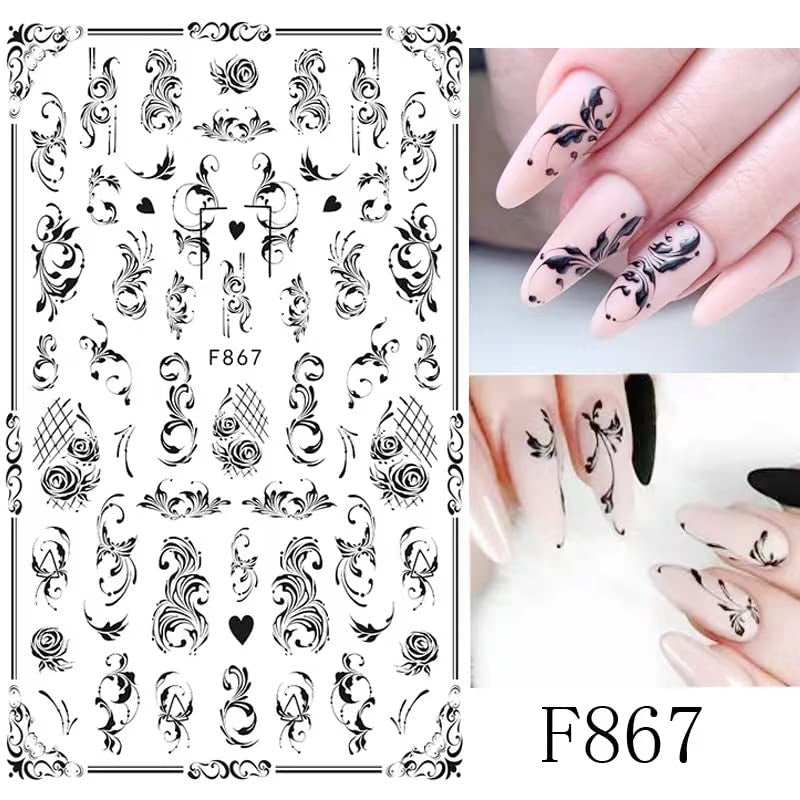 JMEOWIO Nagelsticker Blumen 10 Blatt Nagelaufkleber Selbstklebend Negro Blanco Flor Nail Art Sticker Decoración Nageldesign Zubehör