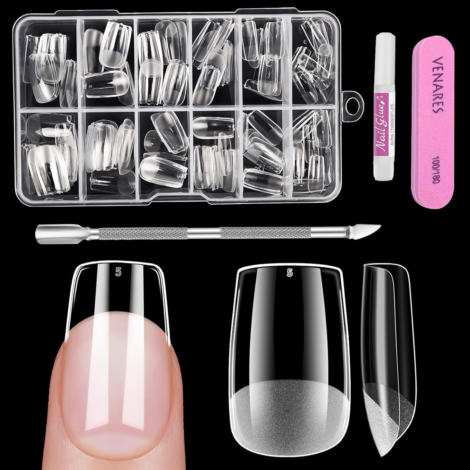 Uñas cortas de cubierta completa, 120 piezas, 12 tamaños, puntas de uñas cortas para uñas de gel, pegamento en uñas artificiales, pegamento en lima de uñas, pulidor de uñas, empujador de cutículas