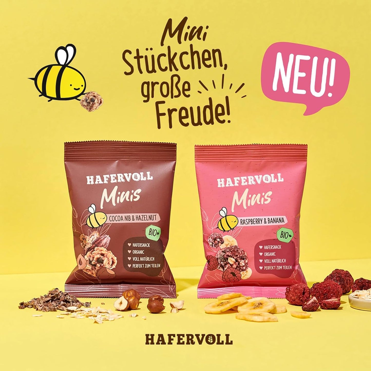 HAFERVOLL Minis Colza y Plátano 8x 65g - Certificado orgánico, con miel, sin azúcar añadido, perfecto para compartir