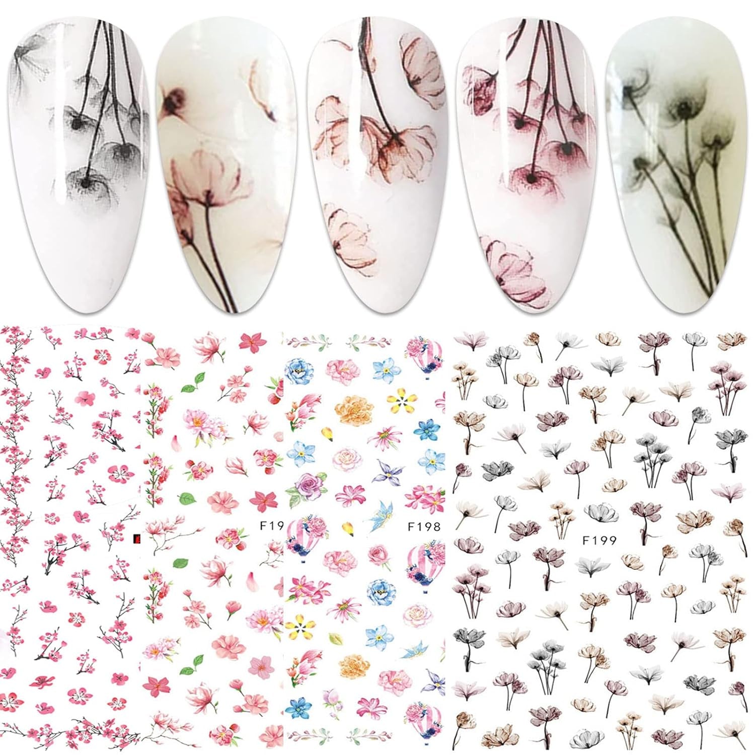 JMEOWIO Nagelsticker Frühling Blume 9 Blatt Nagelaufkleber Selbstklebend Rosa Blüte Nail Art Sticker Decoración Nageldesign Zubehör