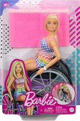 Muñeca Barbie Fashionista, cabello rubio y mono arcoíris, silla de ruedas y rampa incluidas, muñeca de regalo para niños, juguete para edades de 3 años en adelante, HJT13