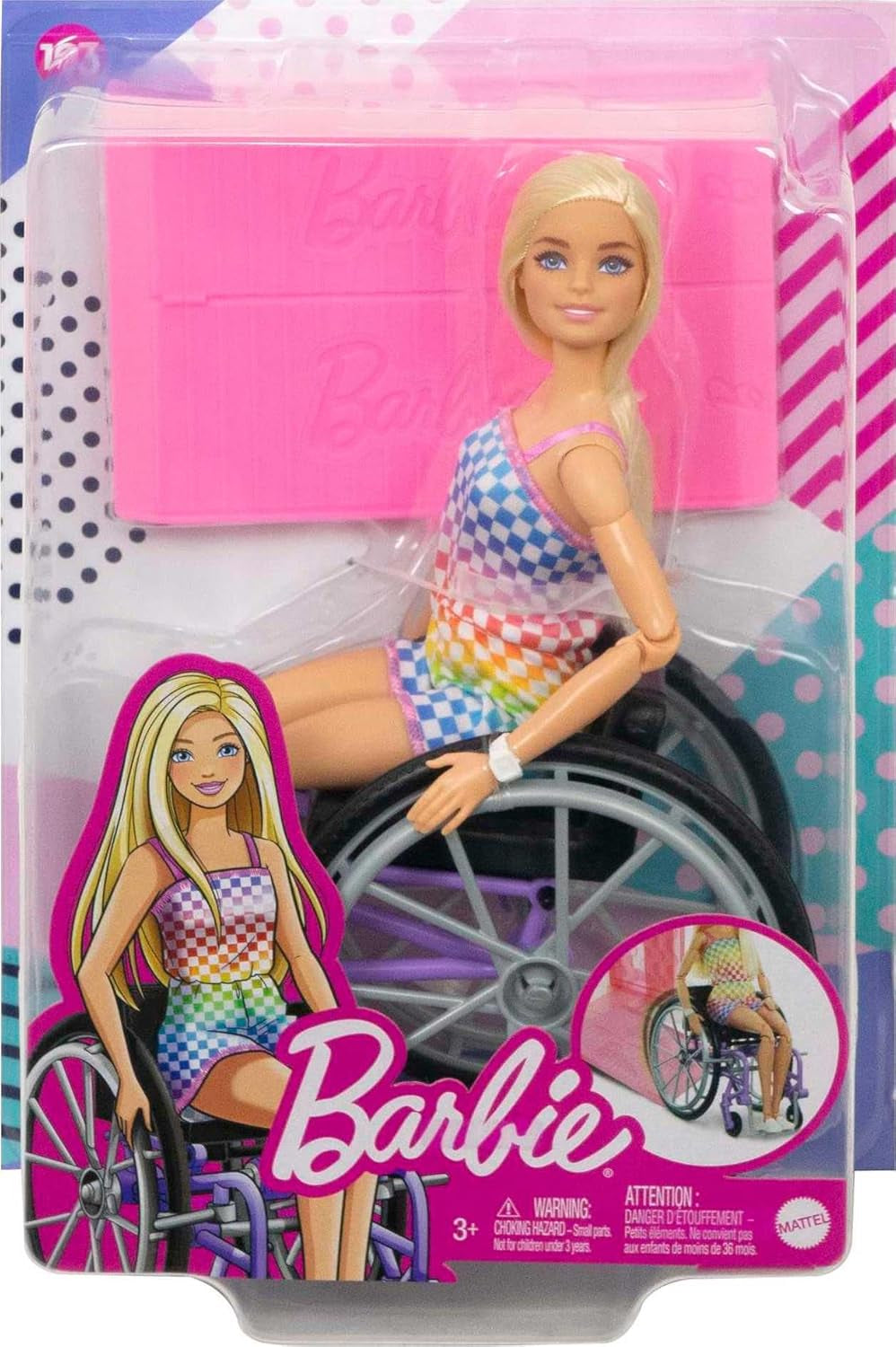 Muñeca Barbie Fashionista, cabello rubio y mono arcoíris, silla de ruedas y rampa incluidas, muñeca de regalo para niños, juguete para edades de 3 años en adelante, HJT13