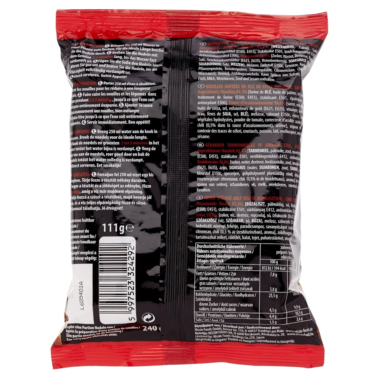 Fideos Fritos de Trigo Nissin con Sabor a Chile, 111g