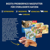 Pack de prueba Bozita Tetra en salsa con mucho pollo, carbón y mucho pollo y ternera en gelatina - 4+2-6x370g Alimento sin cereales y sin azúcar para gatos esterilizados con un 7,5% de proteínas y un 5% de grasas