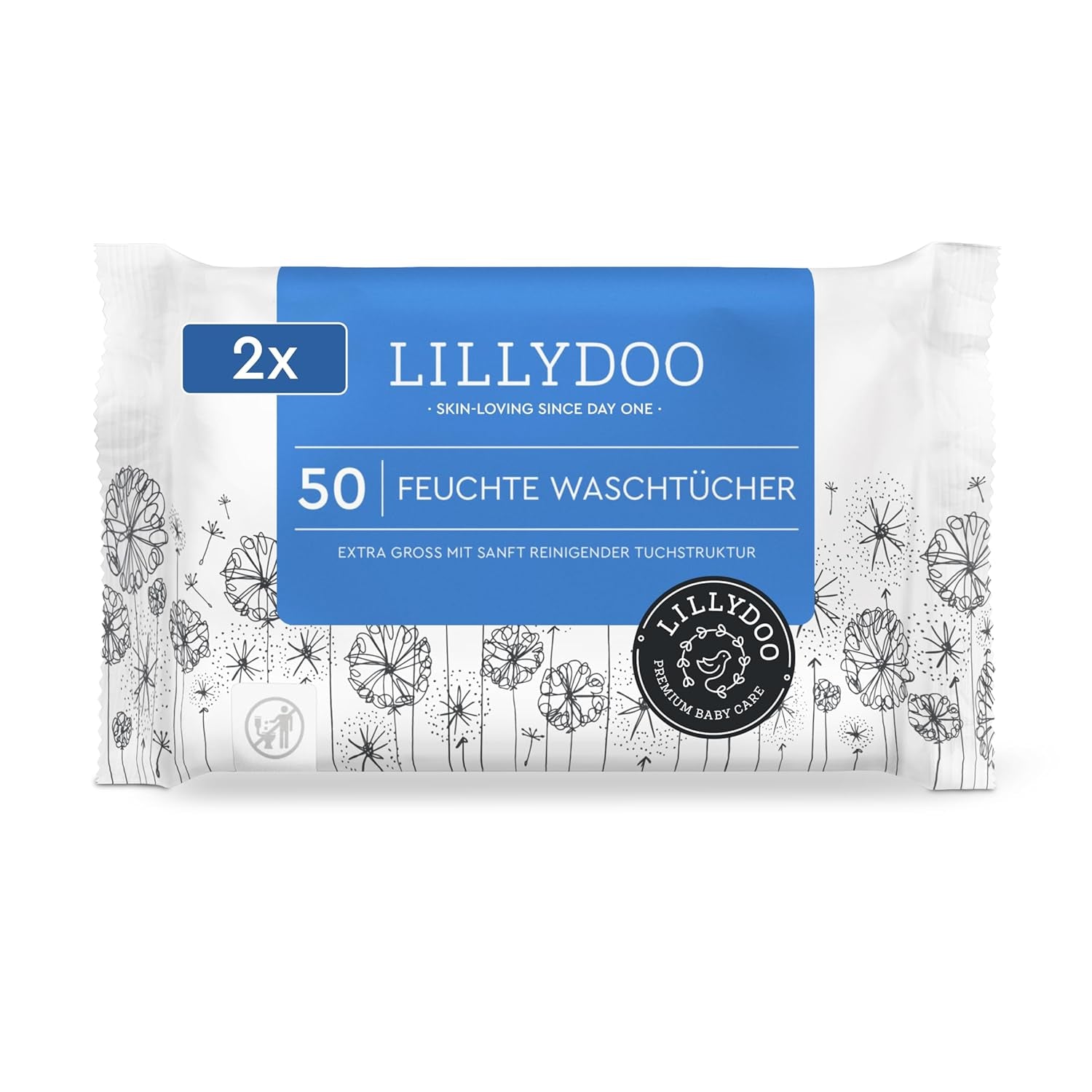 LILLYDOO Toallitas húmedas 50 unidades 100% sin plástico Toallita extra grande sin perfume