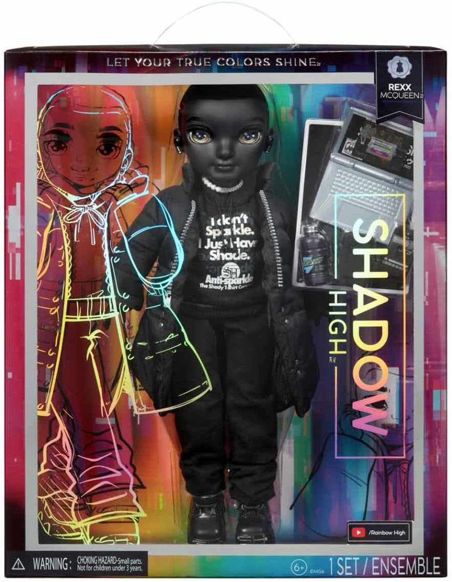 Rainbow High Shadow High - REXX McQueen - Muñeca negra de moda con atuendo moderno y más de 10 coloridos accesorios de juego - Ideal para coleccionistas y niños de 4 a 12 años