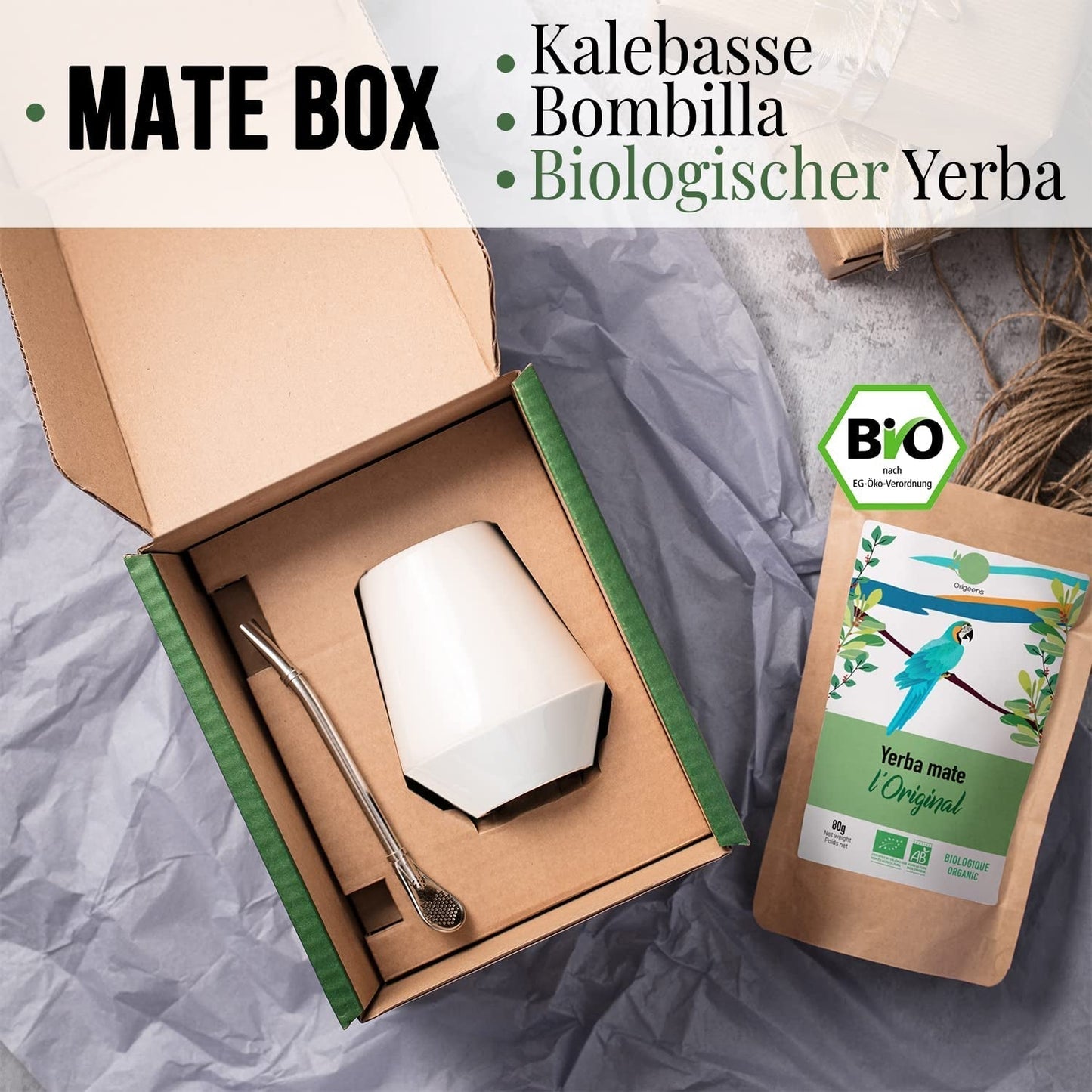 SET DE TÉ MATE ORIGEENS Con mate portugués, bombilla y Yerba Mate BIO - Set de regalo original