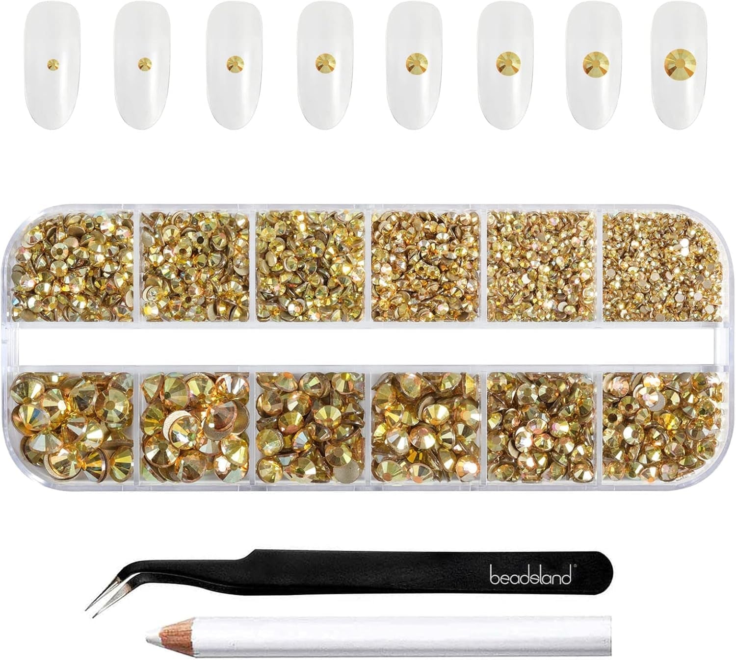 Beadsland 2500 piezas de piedras de cristal para decoración de uñas con parte trasera plana, piedras preciosas para trabajos manuales de 8 tamaños SS4 ~ SS30 con pinzas y puntas (Kristall Weiss)