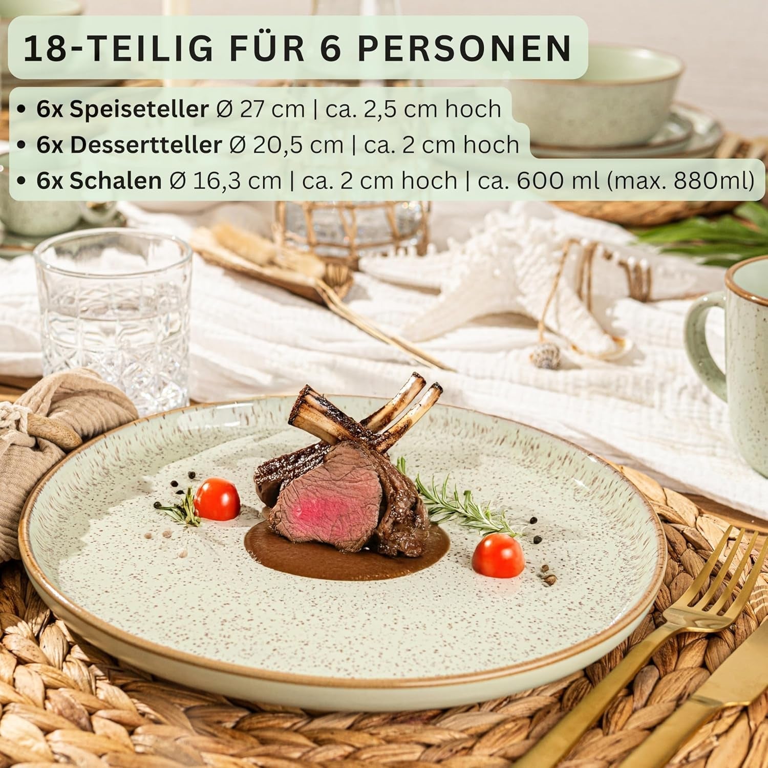 SÄNGER Río Casa de la Moneda | Juego de Vajilla de Gres para 6, 6 Platos, 6 Platos de Postre, 6 Cuencos, Verde Menta | LA COLECCIÓN DE VALOR