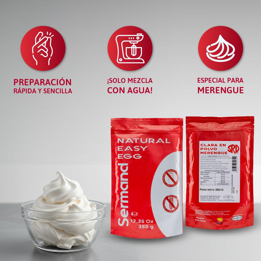 Eiweißpulver für Baiser (350 g) | Pasteurisiertes Eiklar | Getrocknetes Eiweiß | Sin lactosa Sin gluten | En wiederverschließbarem Zip-Beutel