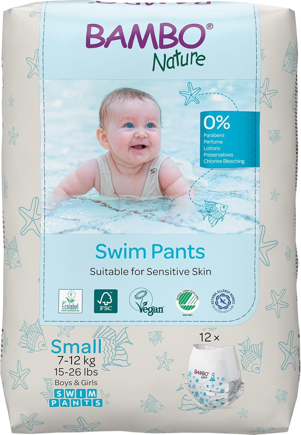Pañales de natación para bebé Bambo Nature, talla S (7-12 kg), 12 pañales | Pañales de natación desechables de ajuste seguro | Comodidad impermeable durante el juego acuático.