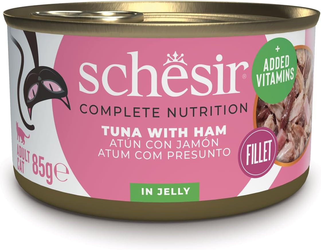 Atún con jamón en gelatina, comida húmeda para gatos, en lata, 100% natural, con vitaminas añadidas, 12 x 85g