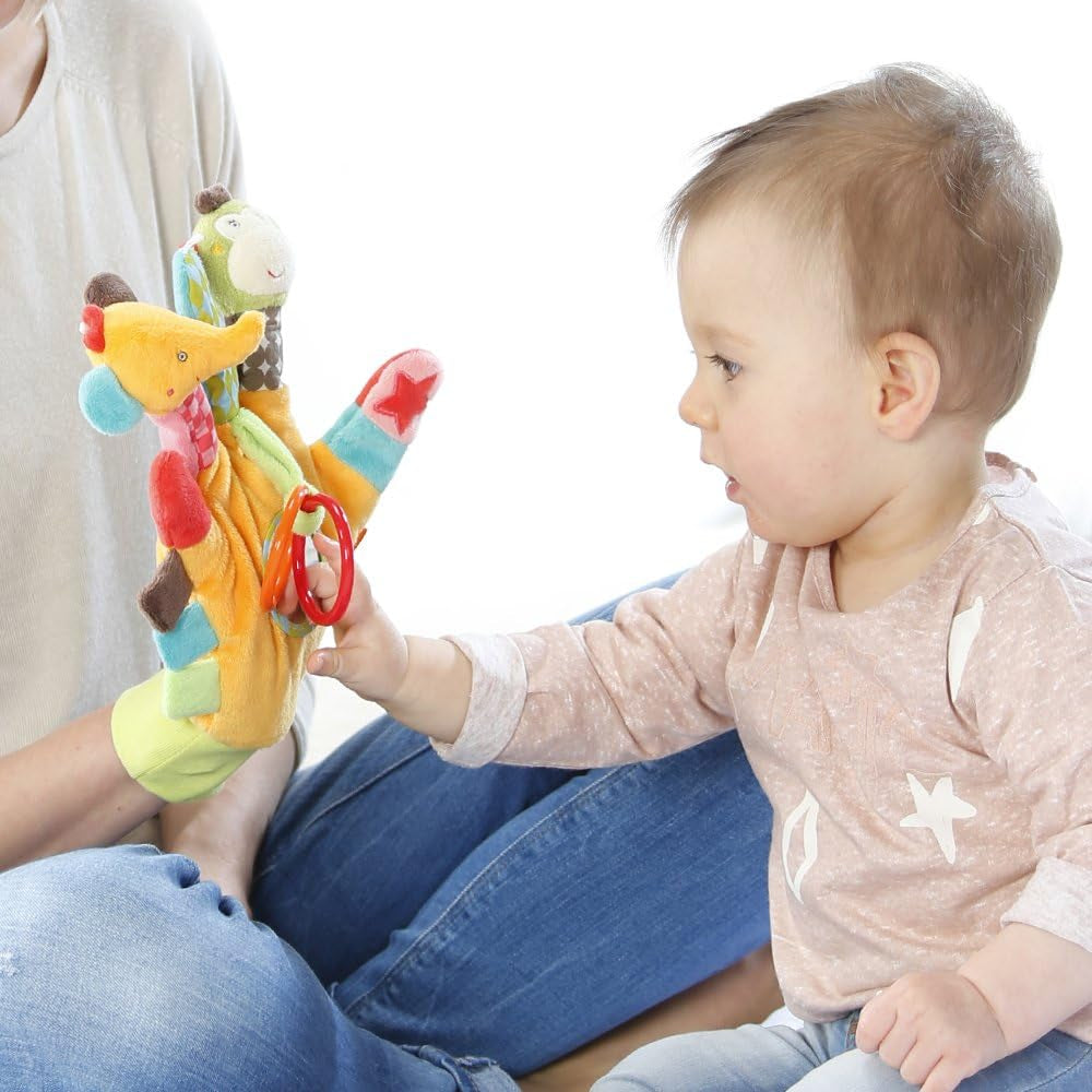 Fehn Play Glove Safari - Marionetas de dedo, juguete para bebé, mono y elefante, para agarrar y hacer ruidos, libro ilustrado suave Bruno - Libro táctil para niños con motivos de animales, juguetes para bebés Naty Shop