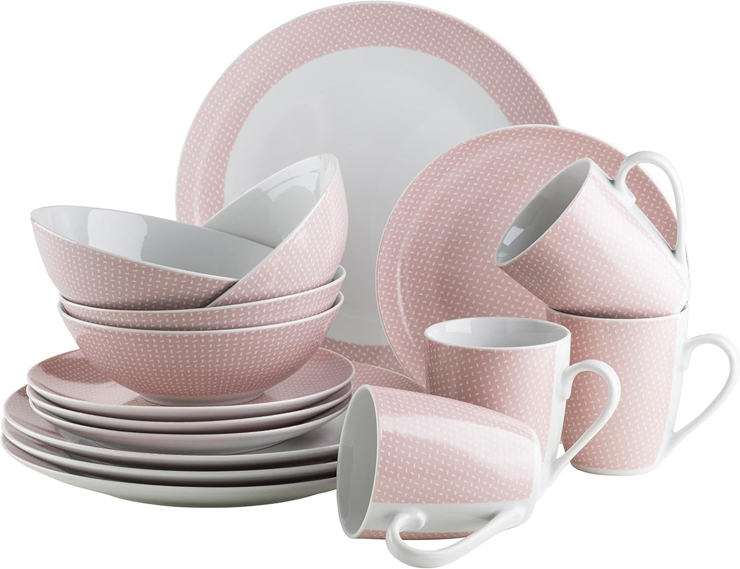 MÄSER Kitchen Time II, Juego de vajilla para 4, Servicio combinado con 16 piezas en colores pastel con estampado sutil, Porcelana, Rosa