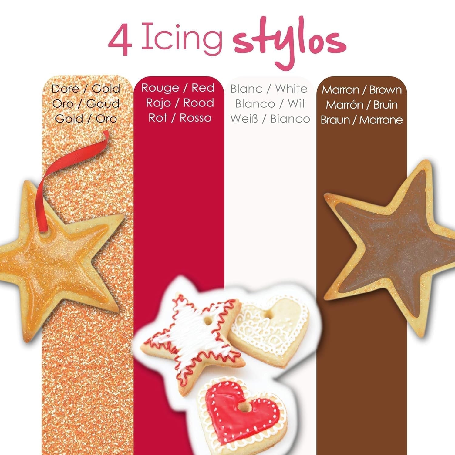Scrapcooking - Rotuladores de 4 piezas: dorado, chocolate, blanco y rojo - Bolígrafos decorativos comestibles para escribir y dibujar en postres, pasteles y galletas
