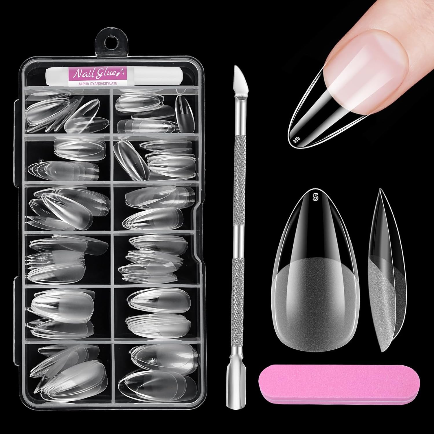 Uñas cortas de cubierta completa, 120 piezas, 12 tamaños, puntas de uñas cortas para uñas de gel, pegamento en uñas artificiales, pegamento en lima de uñas, pulidor de uñas, empujador de cutículas