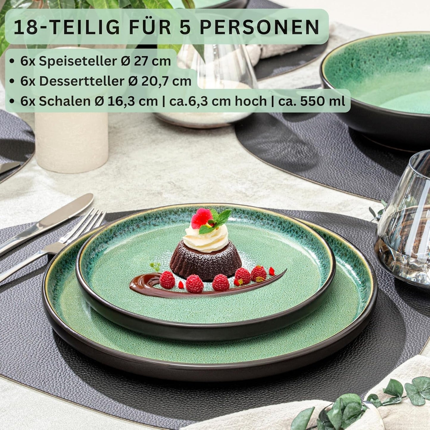 SÄNGER Greenwich | Juego de vajilla de gres, 18 piezas, juego de platos para 6, juego de vajilla (6 platos llanos, 6 platos de postre, 6 tazones), verde, resistente a los rayones, vajilla | LA COLECCIÓN DE VALOR