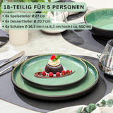 SÄNGER Greenwich | Juego de vajilla de gres, 18 piezas, juego de platos para 6, juego de vajilla (6 platos llanos, 6 platos de postre, 6 tazones), verde, resistente a los rayones, vajilla | LA COLECCIÓN DE VALOR