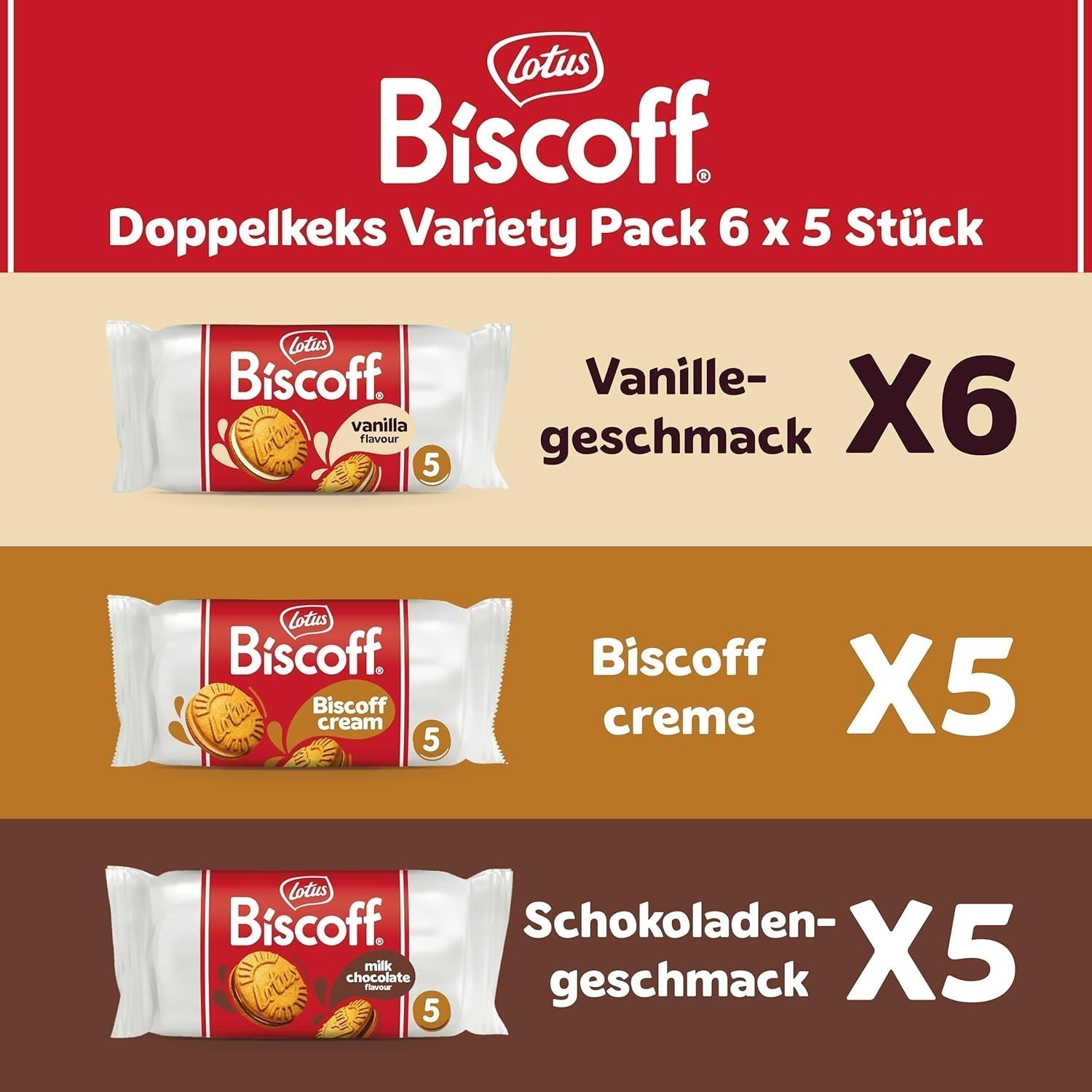 Loto Biscoff | Paquete variado de galletas dobles | 3 Variedades: Biscoff Sabor Crema, Vainilla y Chocolate | 5 galletas dobles por paquete | Ingredientes de Origen Natural | Sin colorantes | 16 x 50 g | 800g