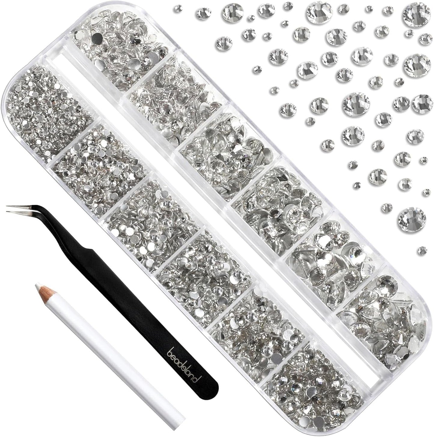 Beadsland 2500 piezas de piedras de cristal para decoración de uñas con parte trasera plana, piedras preciosas para trabajos manuales de 8 tamaños SS4 ~ SS30 con pinzas y puntas (Kristall Weiss)