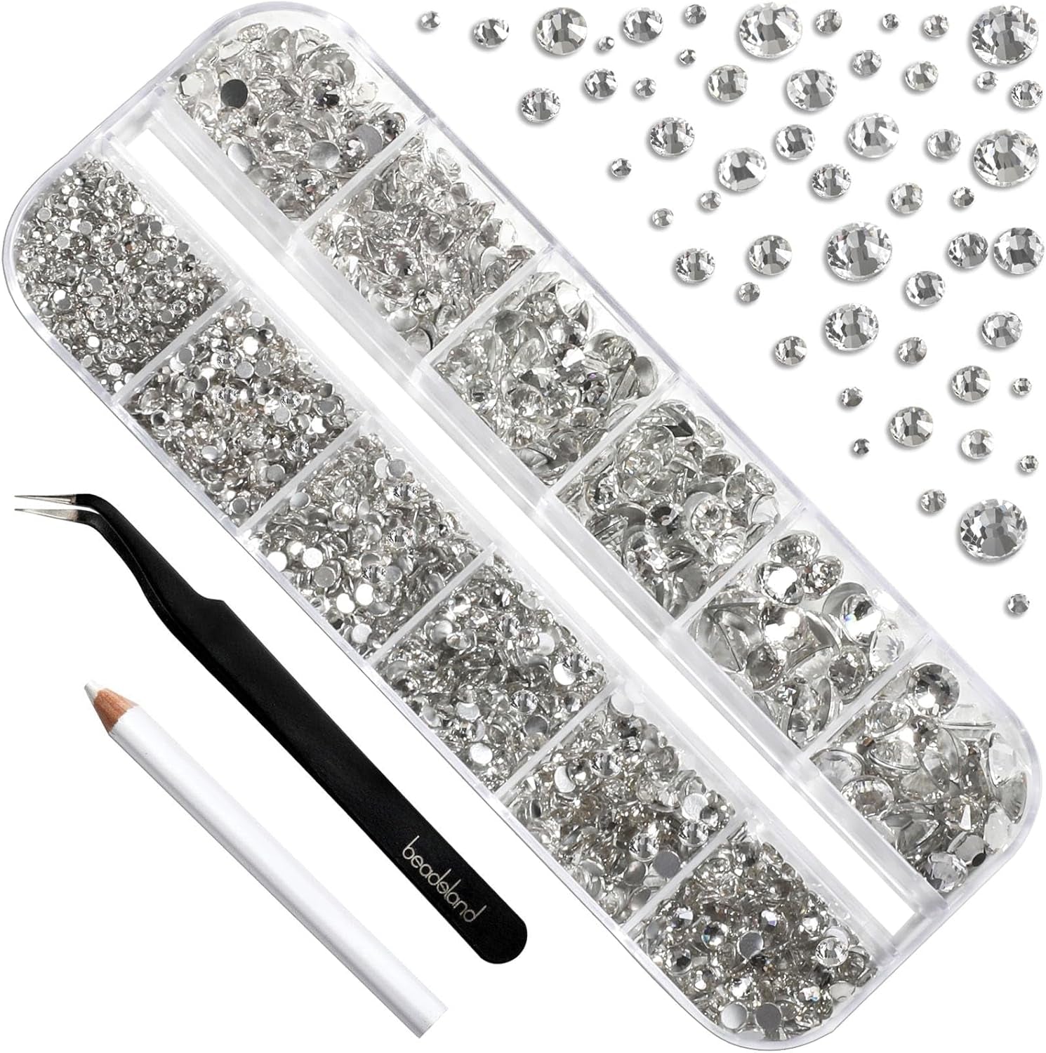Beadsland 2500 piezas de piedras de cristal para decoración de uñas con parte trasera plana, piedras preciosas para trabajos manuales de 8 tamaños SS4 ~ SS30 con pinzas y puntas (Kristall Weiss)