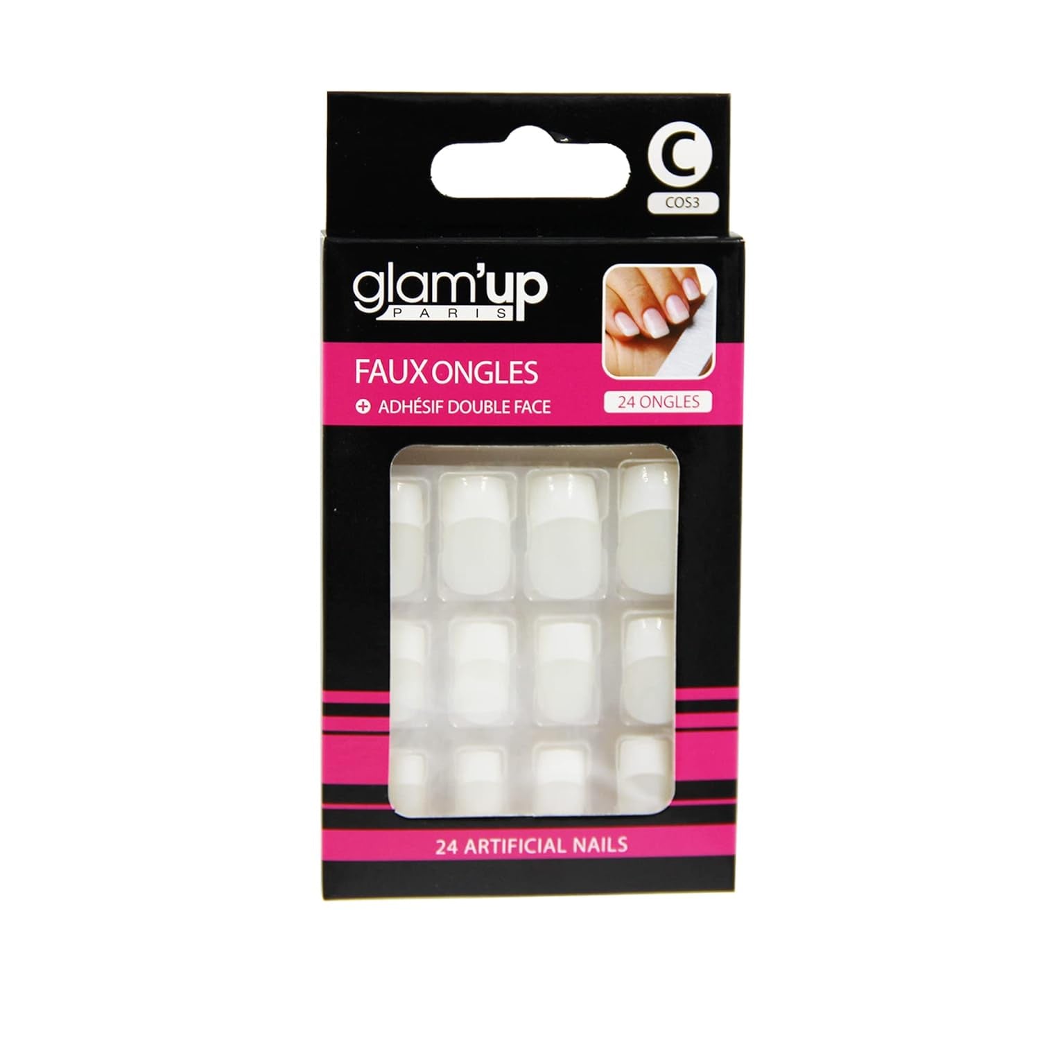 Glam'Up Paris - Uñas Postizas - Cobertura Total - Fácil de Usar - 24 Uñas Postizas Por Caja + Cinta Adhesiva Doble - Forma Cuadrada XL - N° 3 - Manicura Francesa, Blanco