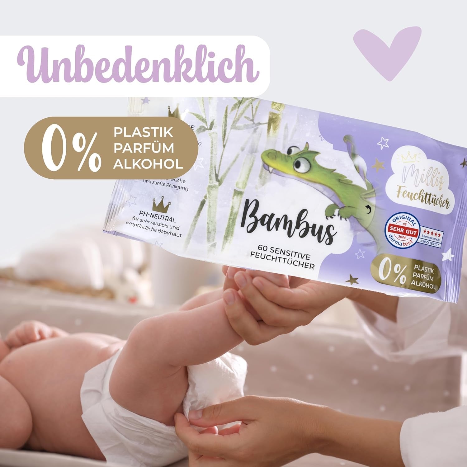 Millis Bamboo Baby Toallitas húmedas sensibles para la delicada piel del bebé - 5 x 60 piezas - Limpieza natural, suave y sostenible - Toallitas húmedas biodegradables, sin plástico y sin alcohol