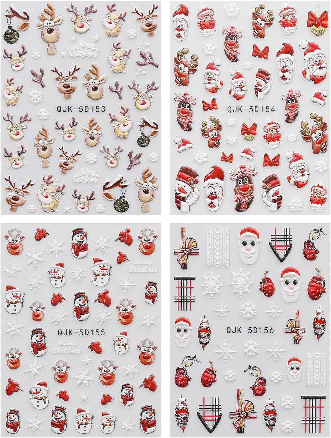 JMEOWIO 3D Nagelsticker Weihnachten Nail Art Sticker Selbstklebend Nagelaufkleber 5D Stereoskopisch Schneeflocke Christmas Winterurlaub Niedlich Dekoration Nageldesign Zubehör 4 Blatt