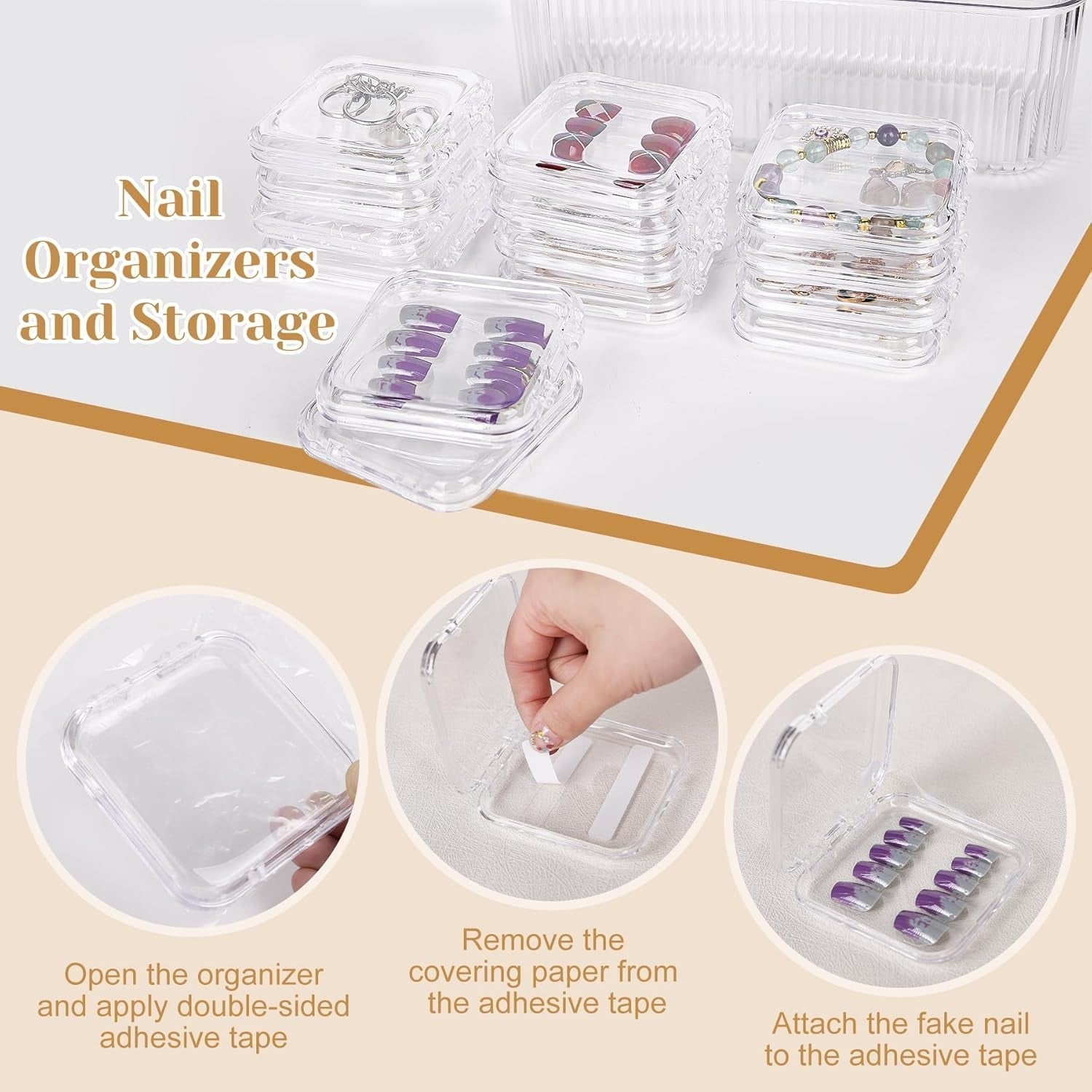 INMORVEN Juego de Cajas de Almacenamiento de Uñas - 14 Cajas de Uñas Transparentes + 1 Caja Grande y 60 Discos Adhesivos - Ideal para guardar uñas postizas, accesorios de uñas de gel y esmalte de uñas (14 piezas en una capa)
