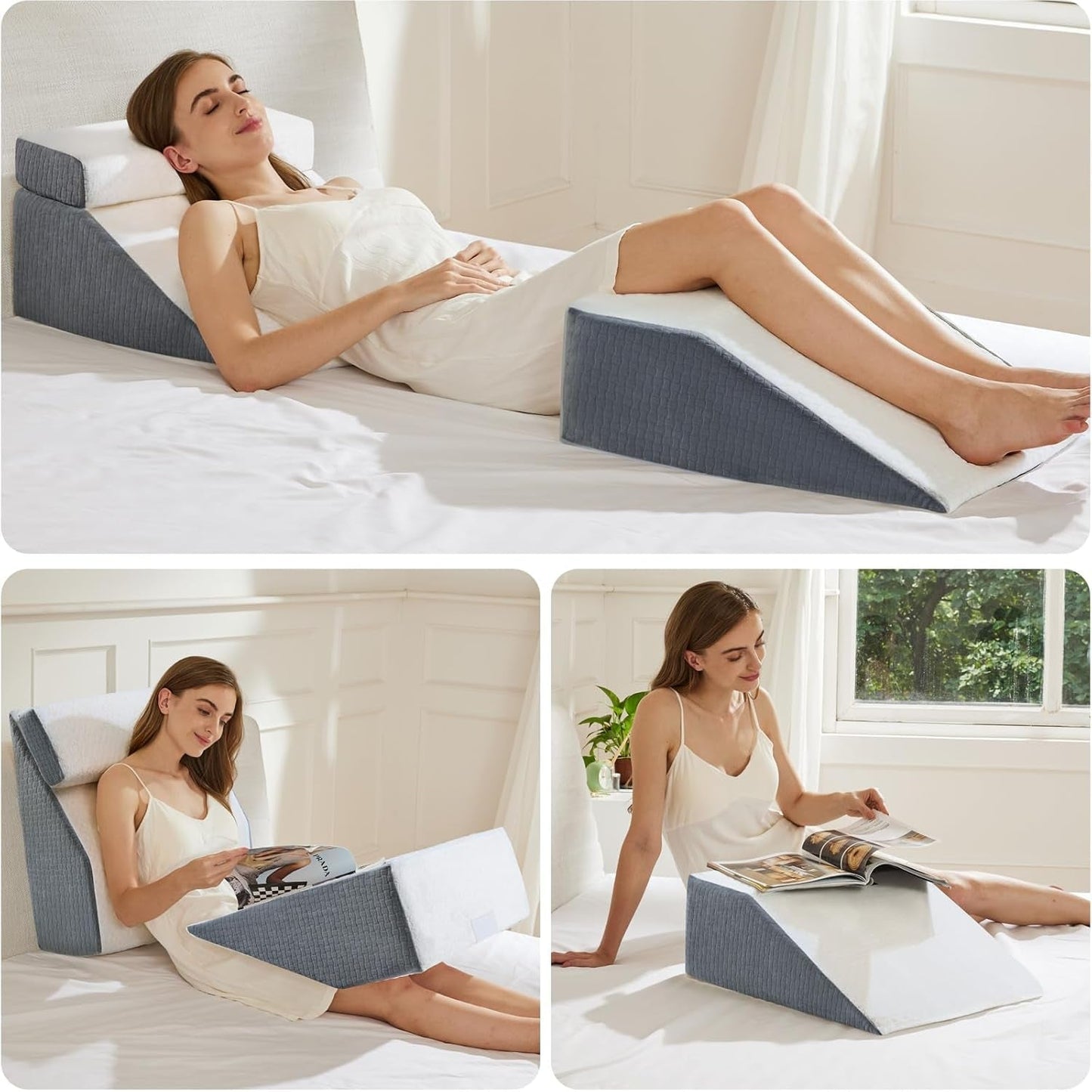 Almohada de lectura y almohada elevadora de piernas de plumas, almohada de espuma viscoelástica para cuello, espalda y piernas, almohada multifuncional desmontable para cama, sofá, sentarse, dormir y descansar, 58x55x28cm