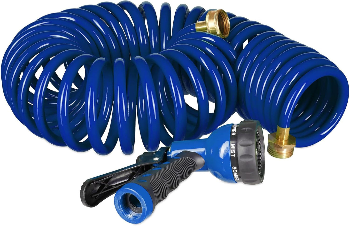 Relaxdays Manguera en espiral extensible hasta 10 m Manguera de jardín flexible con pulverizador de agua 7 patrones de pulverización azul 25 x 52 x 15 cm