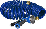 Relaxdays Manguera en espiral extensible hasta 10 m Manguera de jardín flexible con pulverizador de agua 7 patrones de pulverización azul 25 x 52 x 15 cm