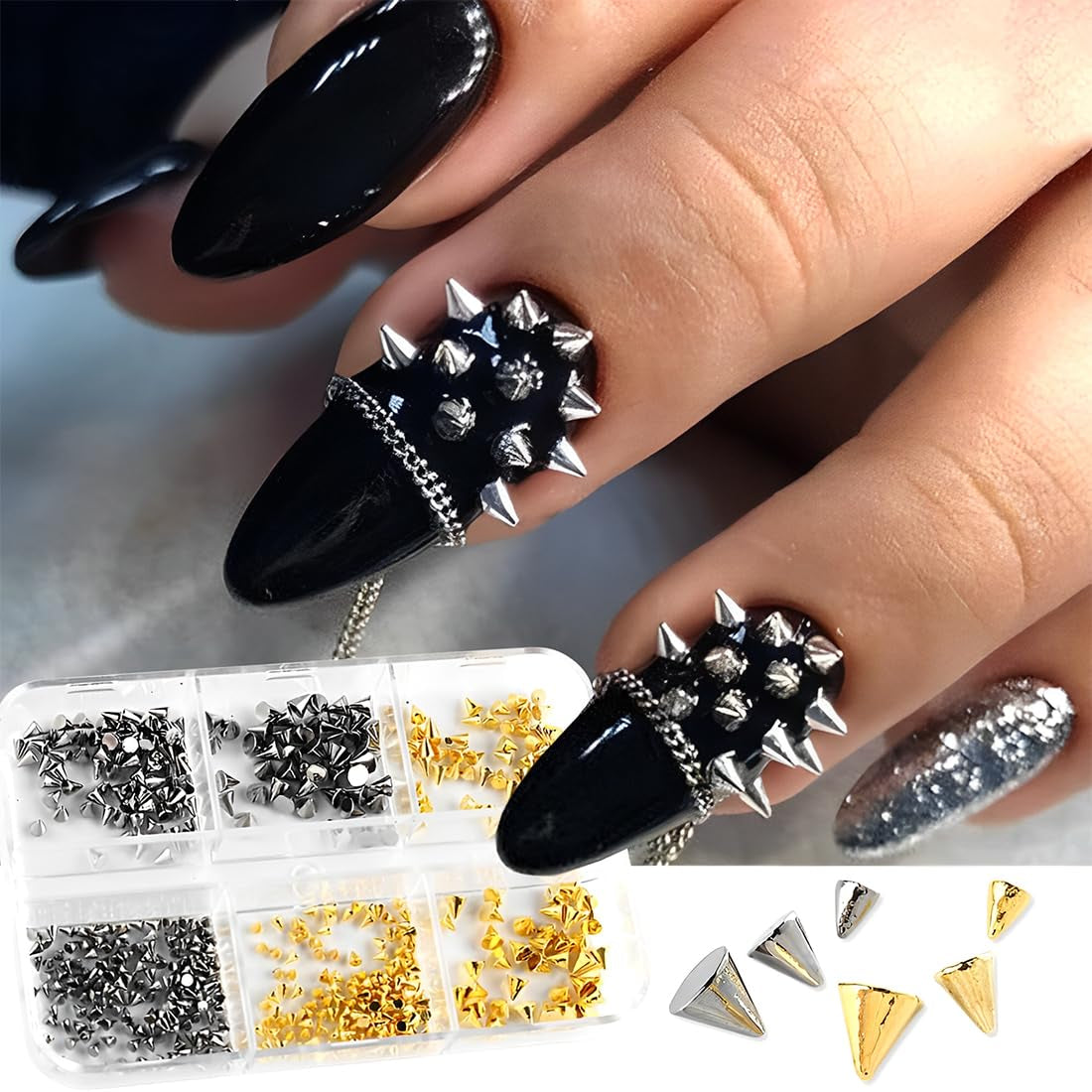 Mini Metall Nieten Punk Nail Charms Gold Silber Strasssteine ​​​​Nägel Charm Kegel Spikes Nagelschmuck Glitzersteine ​​​​Nail Art Studs Nagel Steine ​​​​Legierung Nagelanhänger Rhinestones Nageldesign Zubehör