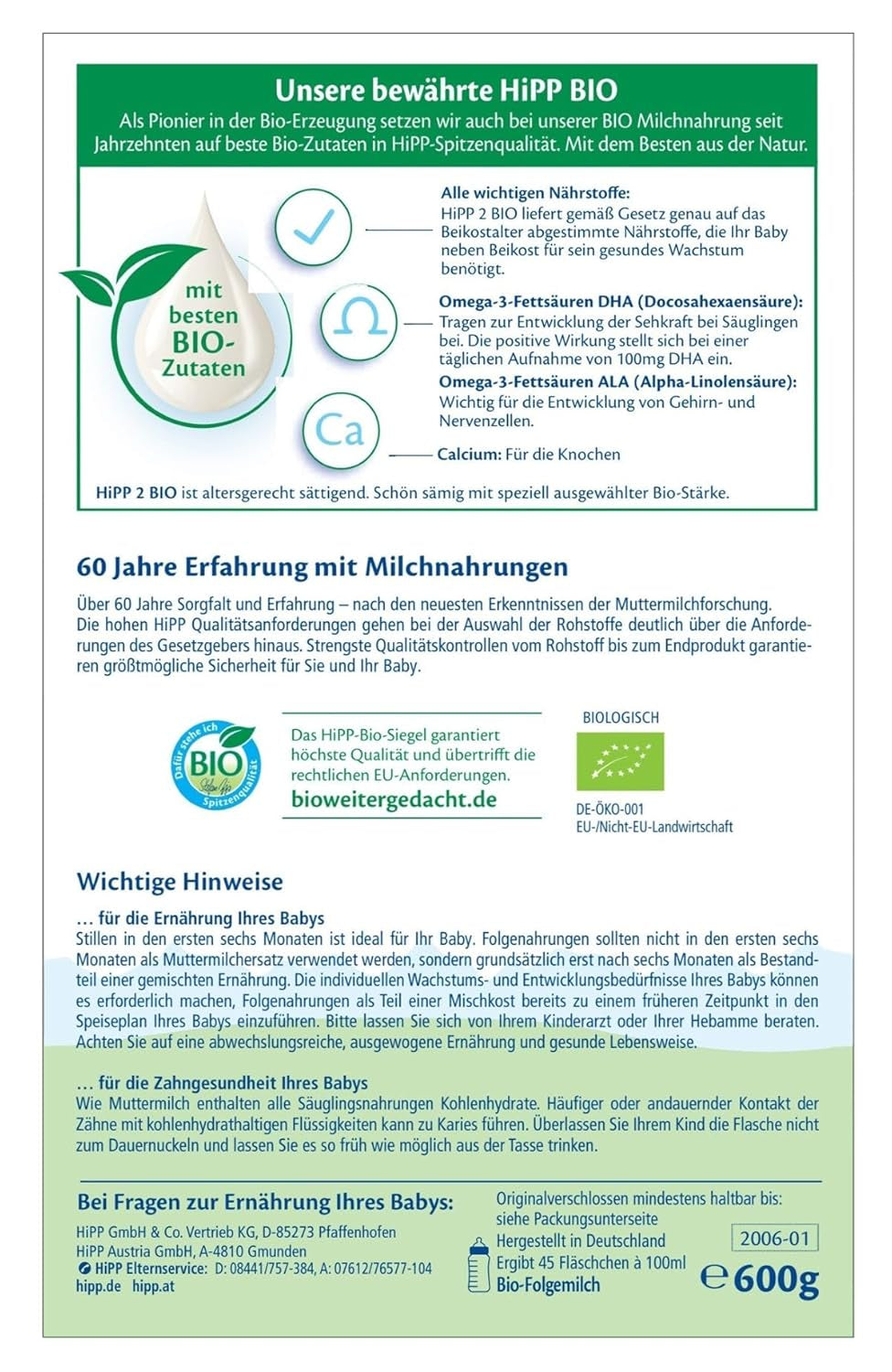 HiPP 2 Leche de continuación ecológica (4 x 600g), después de los 6 meses, con Omega-3 (DHA, ALA), calcio y almidón ecológico de fácil preparación, de la mejor calidad ecológica