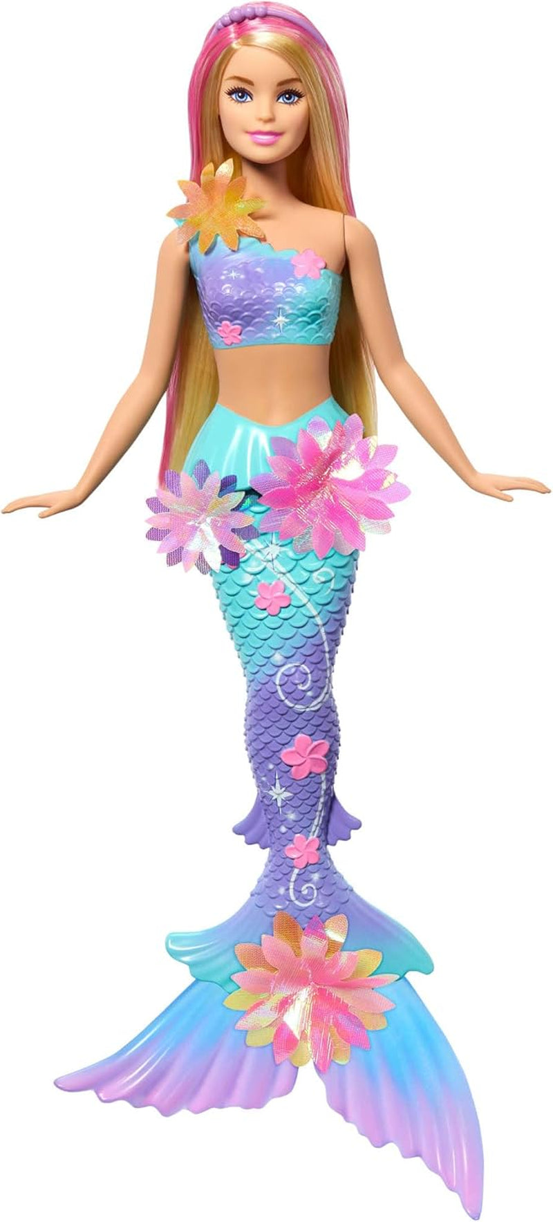 Barbie Meerjungfrauen-Spielzeug Puppe mit magischer Überraschungs Blüte, Schwanzflosse mit Farbverlauf, perlenbesetzten Haarreif und langem blondn Haar mit rosa Strehchen, JDM72