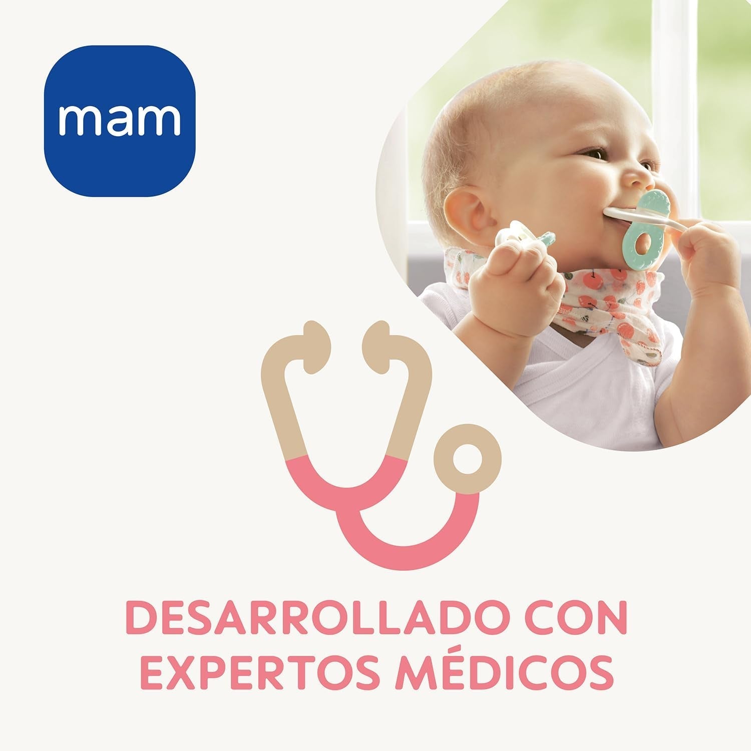 MAM Anillo de Dentición, 4 Meses en adelante, Alivio Inmediato para la Erupción Posterior, Extra Ligero y Fácil de Agarre y Sostener, con Caja Autoesterilizante, Rosa, 1 Pieza