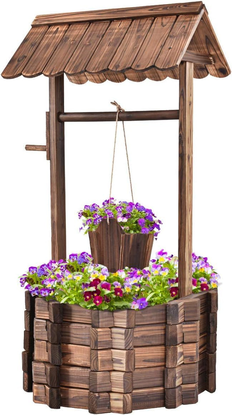 Fuente de madera 56x56x114cm con techo, Pozo de los deseos, Decoración de jardín, Macetas, Fuente decorativa, Macetas, Marrón
