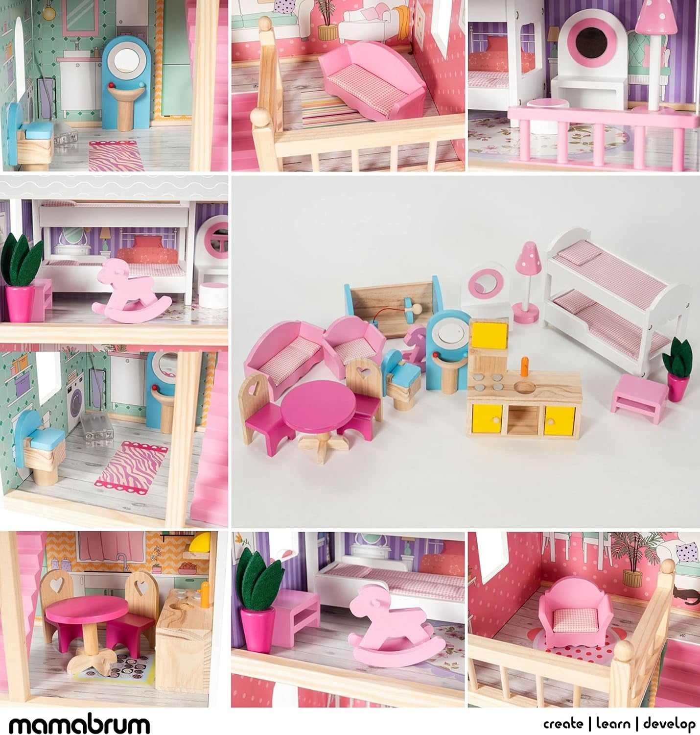 A405 Casa de Muñecas con Luz LED - Juego de 3 Pisos y Muebles - Casa de Juegos de Madera Incluye Accesorios: Cocina, Baño, Dormitorio - Regalo para Niñas de 3 años en adelante Casas de Muñecas Naty Shop