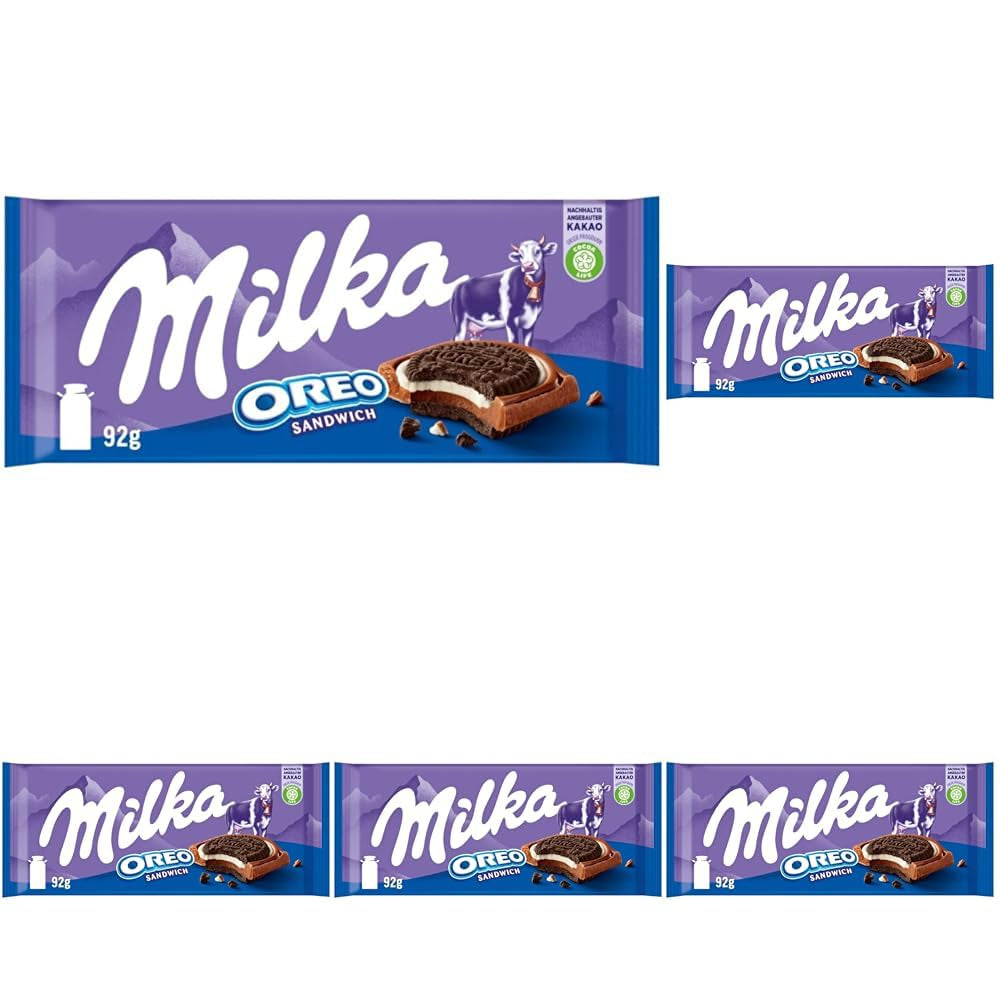 Sándwich Milka Oreo – Chocolate con leche alpino, relleno de crujientes trozos de galletas Oreo y suave crema de vainilla – 92g