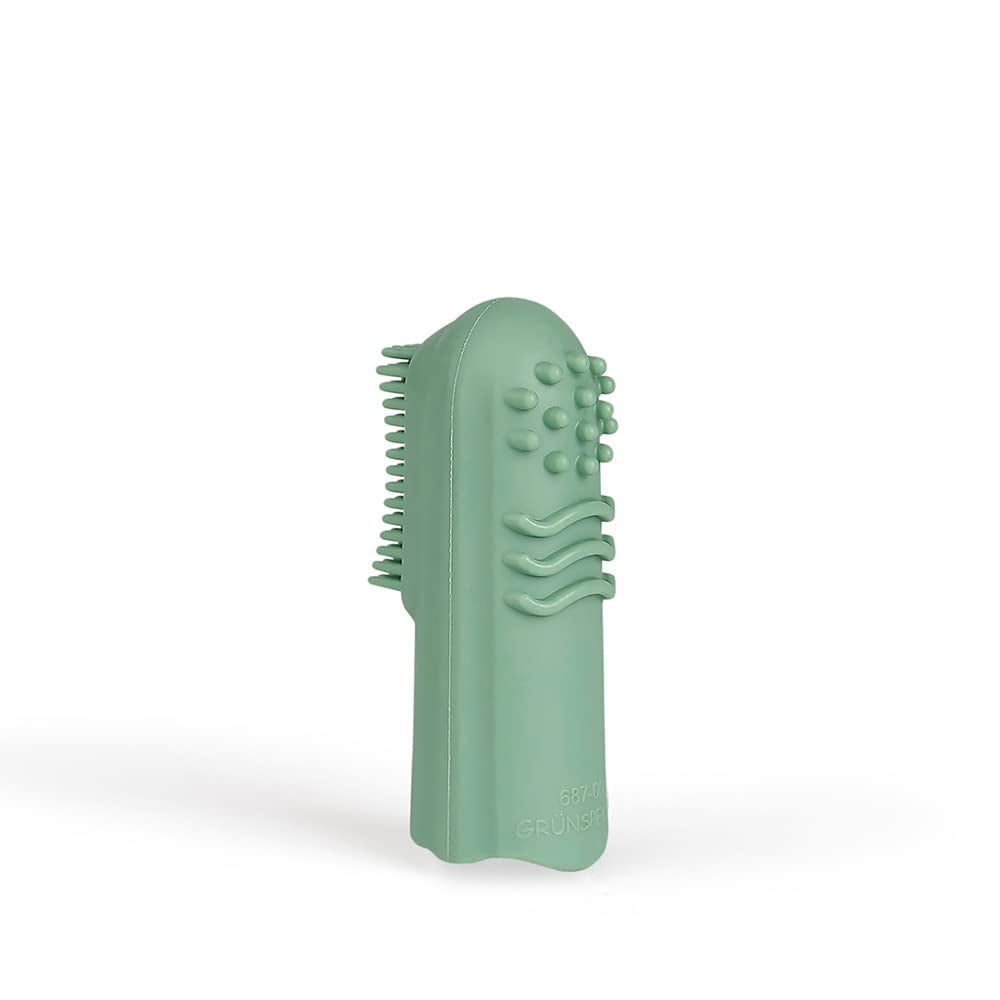 Anillo de dentición para bebés de caucho natural orgánico Goma de masaje Suave sin BPA Promueve el diseño de dinosaurio motor fino (639-V1) Cepillo de dientes de caucho natural para dedos