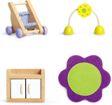 Hape Baby Room - Juego de habitación para muñecas de madera, muebles para muñecas, accesorios para casa de muñecas para niños pequeños, habitación para bebés en miniatura con columpio y accesorios, juego de rol para niños de 3 años