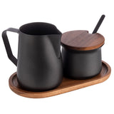Juego de leche y azúcar APS 634, 5 piezas, madera de acacia, acero inoxidable, revestimiento antiadherente, negro