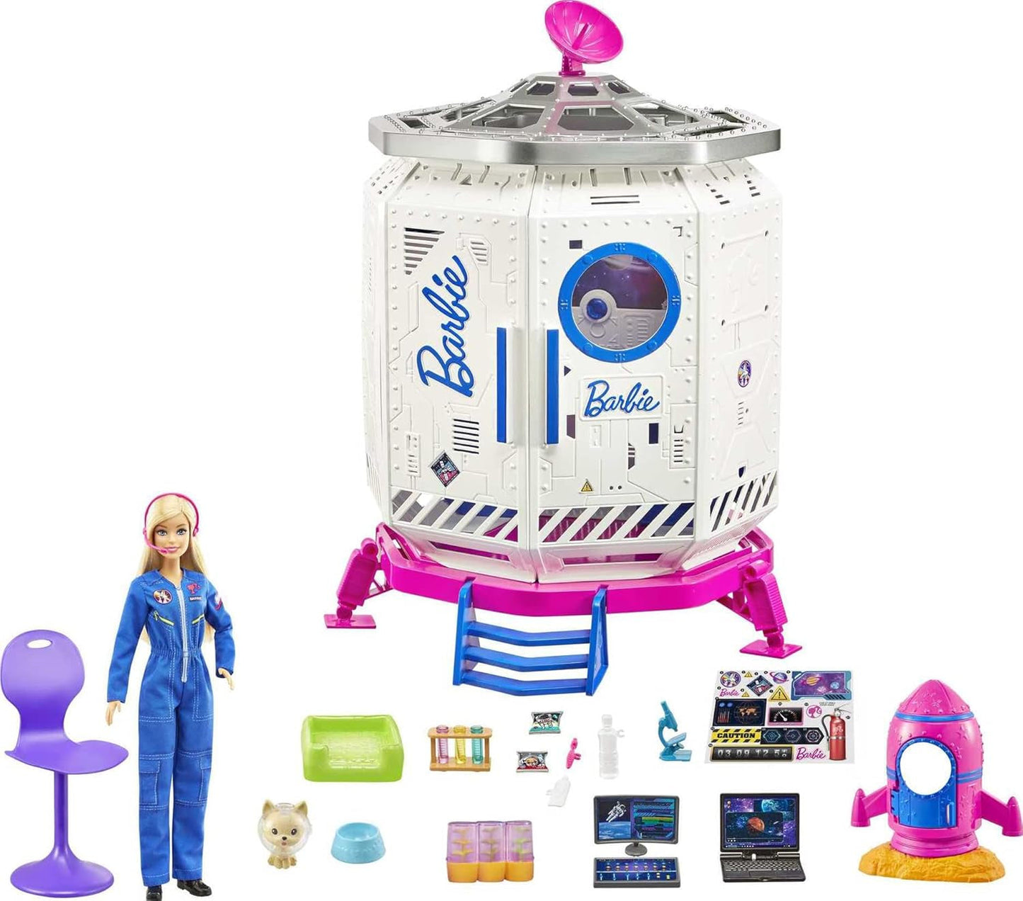 Barbie GXF27 - Aventura espacial en la estación espacial, muñeca espacial, cachorro, estación de trabajo, escenas espaciales, 20 accesorios, juguete de regalo para niños de 3 años en adelante