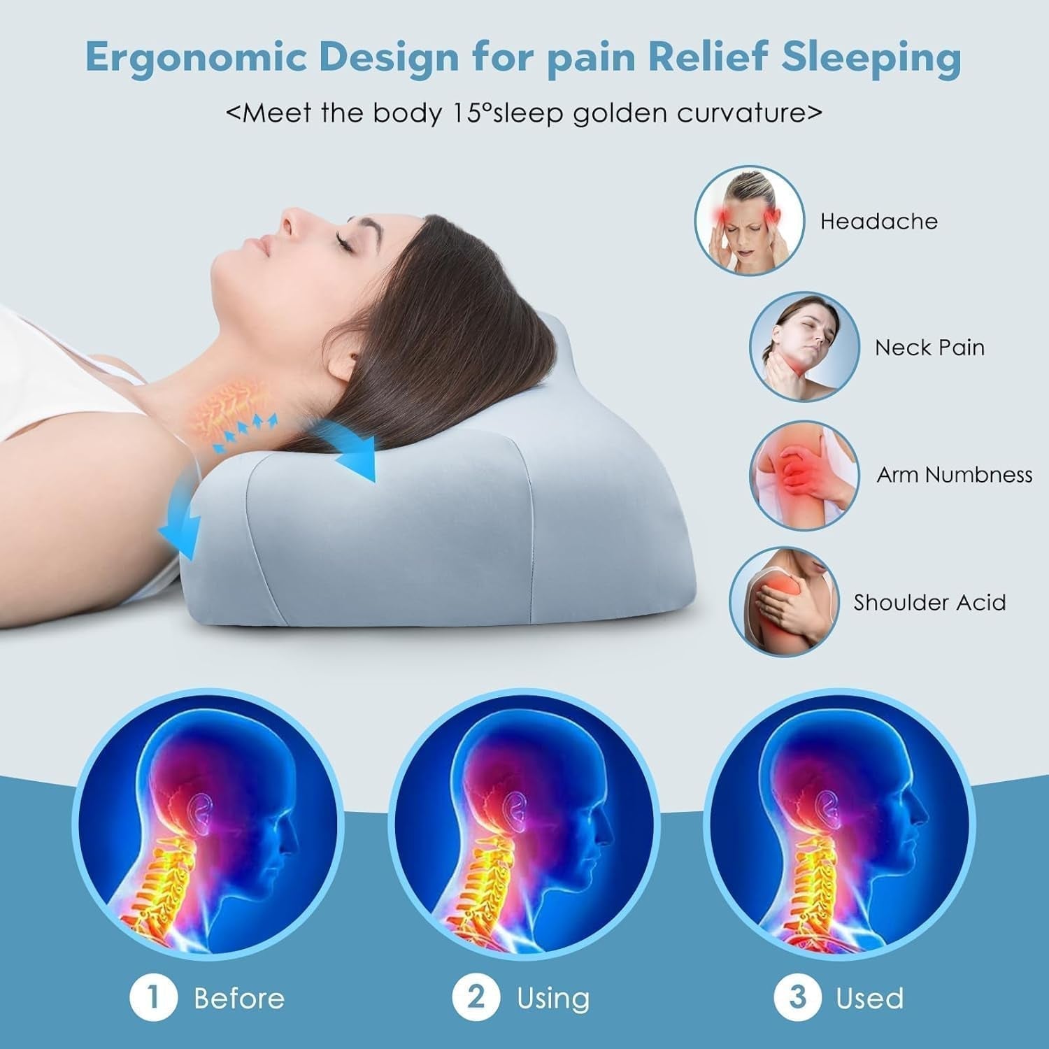 Royalisneeo Almohada de belleza para dolores de espalda, estómago y costados Almohada para el dolor de cuello y hombros Almohada de espuma viscoelástica antiarrugas y antienvejecimiento Azul (estándar) Almohadas ortopédicas cervicales Naty Shop