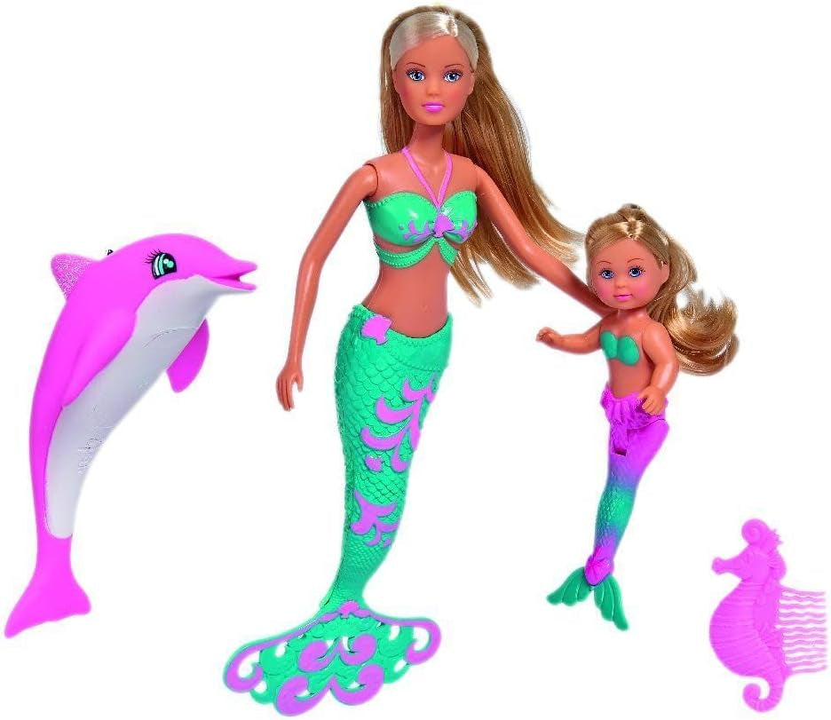 Simba 105733336 - Steffi Love Mermaid Friends, muñeca mágica de sirena con hermana Evi, figura de delfín y más, juguete para niños a partir de 3 años