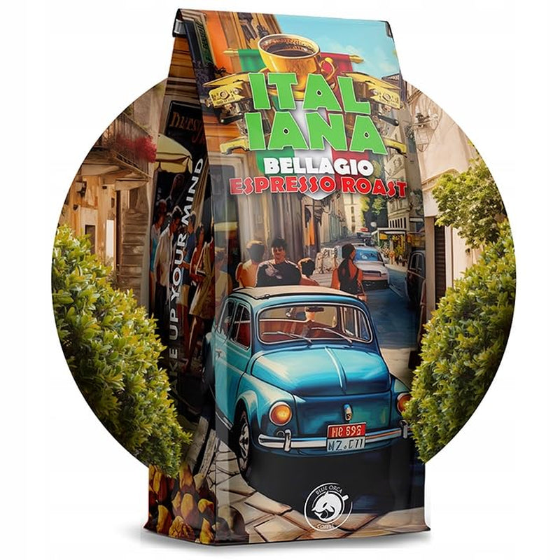 Café tostado en grano Italiana Bellagio 1kg | 80% Arábica y 20% Robusta | con toques de nueces y chocolate negro | recién tostado, baja acidez | para cafeteras | Café Orca Azul