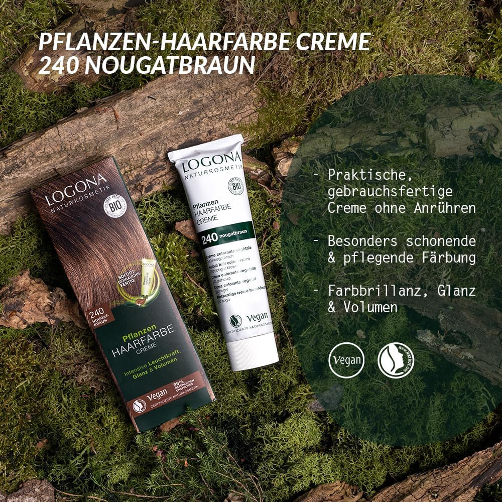 LOGONA Cosmética Natural Coloración Vegetal en Crema 240 Marrón Turrón, Tinte natural para cabello castaño con henna, crema colorante para tonos castaños, colorante para cabello oscuro, 150ml Tinte para el cabello Naty Shop